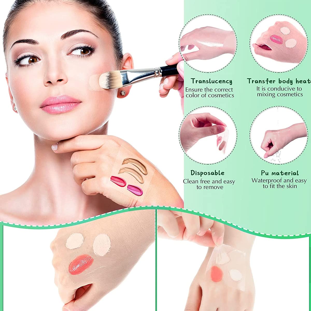 MAYCREATE 100Pcs Hand Palette for Makeup PU Film Makeup Palette Artist Must Haves Waterproof Transparent Adhesive Makeup Mixing Tape for Foundataion Blending (2.4''x2.4 MAYCREATE 100Pcs Hand Palette for Makeup PU Film Makeup Palette Artist Must Haves Waterproof Transparent Adhesive Makeup Mixing Tape for Foundataion Blending (2.4''x2.4